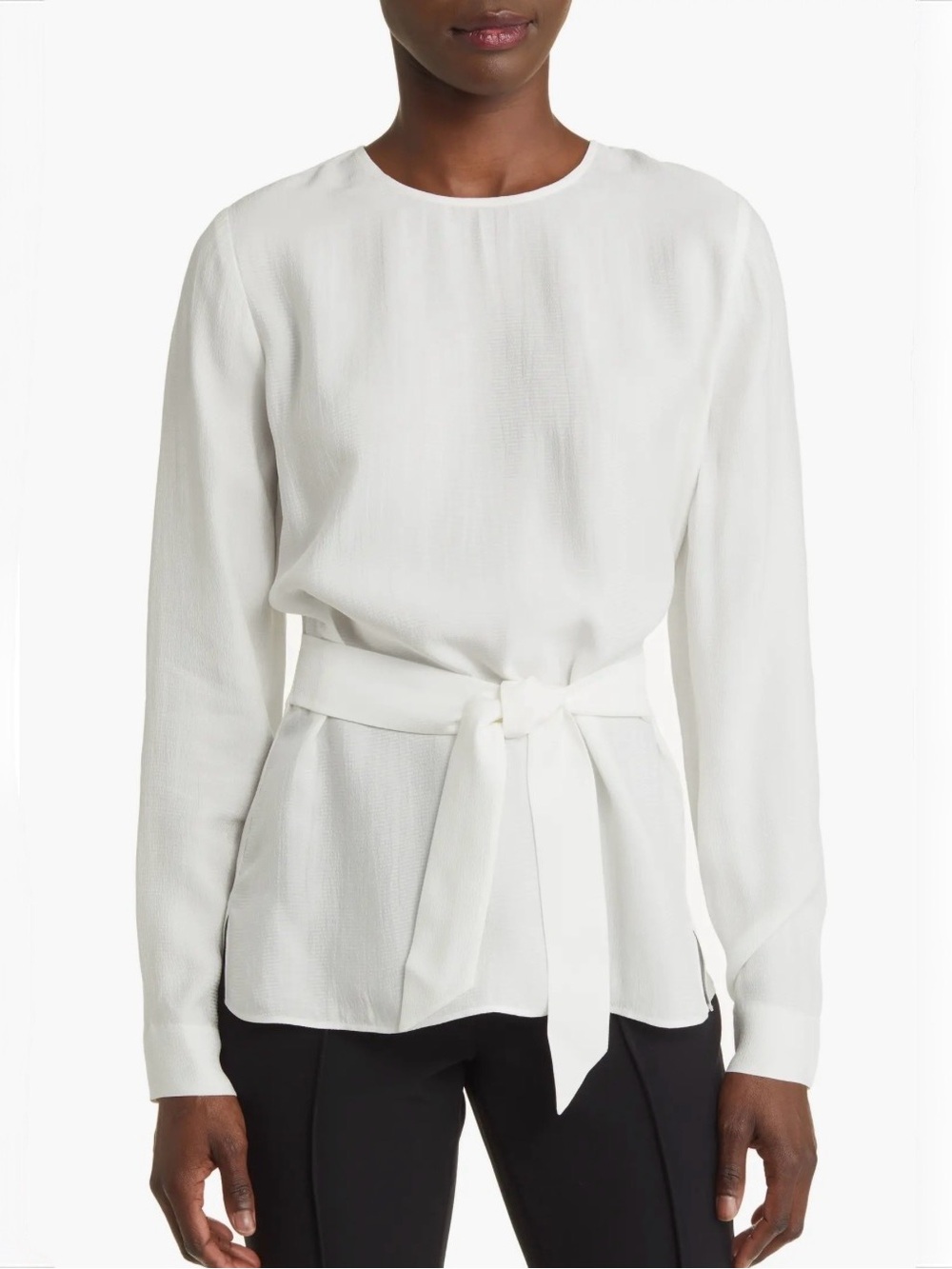 Nordstrom Signature White Long Sleeve Tie Waist Top NWOT Small